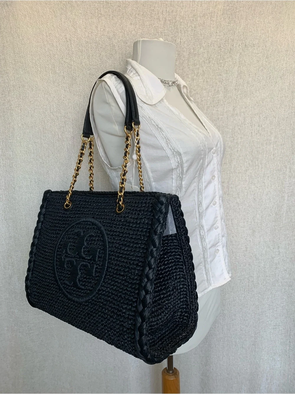 NEW Tory Burch Ella Melange Chain Strap Black Raffia Small Tote Bag